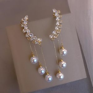 S3823 Joyería de moda S925 Clip de oreja de circón de plata para mujer Pendientes largos con borlas de perlas de imitación