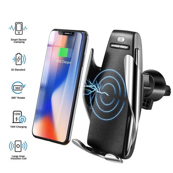 S5 Serrage automatique 10W Qi Chargeur de voiture sans fil Rotation à 360 degrés Vent Mount Support de téléphone pour iPhone Android Téléphones universels avec emballage de vente au détail