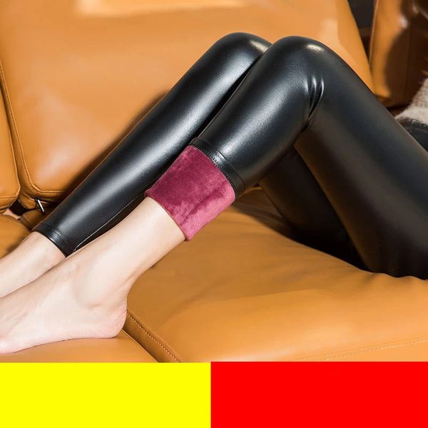 S5XL Mujeres Leggings de cuero de imitación Sexo Invierno Mantener caliente Cintura alta Jegging Tobillo Longitud Grande Szie 5XL Plus Terciopelo Mujer Legging 240229