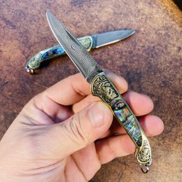 S7202 Klein Zakmes Damascus Staal Mes Messing met Gekleurde Shell Handvat EDC Pocket Gift Messen Outdoor Gereedschap