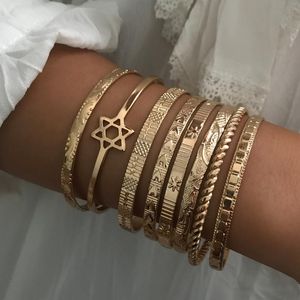 S83t Bracelet 4 2 pièces/ensemble Boho femmes Bracelets ensemble motif sculpté étoiles coeur géométrique ouvert or Bracelet simple cadeau bijoux de fête