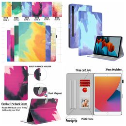 S9 Aquarel Olie Kleur Inkt Schilderen PU Leather Cases Voor Samsung Galaxy Tab S9 11 inch S9 + 12.4 inch Mode Portemonnee ID Card Slot Houder Flip Cover Shakeproof Book Pouch