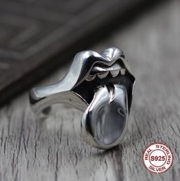 S925 Men039 Sterling Silver Rings Personnalité Retro Classic Punk Style Hiphop Big Tongue ouverte Anneau Open Envoyer un cadeau à Love 2019 N7645250