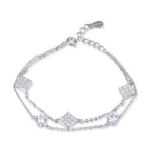 S925 sier carré diamant incrusté double couche Bracelet femme zircon croix chaîne bracelet tempérament fille sier bijoux