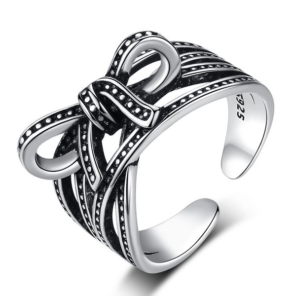 Anillos de banda antiguos de plata S925 con lazo, joyería ajustable para mujer