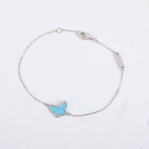Bracelet pendentif à breloque en argent S925 avec forme de papillon bleu en deux couleurs plaqué et fermoir losange pour cadeau de bijoux de mariage pour femmes avec timbre de boîte PS7682