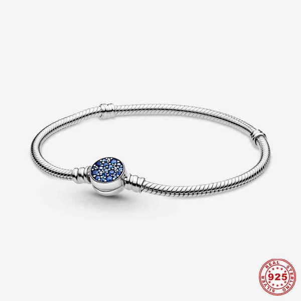 S925 Color plata brillo azul pulsera serpiente hueso cadena ajuste Original Pandora encanto para mujer joyería de lujo