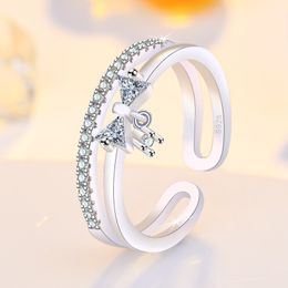 S925 Silver Cute Butterfly Designer Rings for Women Girls Luxury Cz Circón Sweet Bownot Bownot Diseño de doble fila Naño Nail Love Ring Jewellry