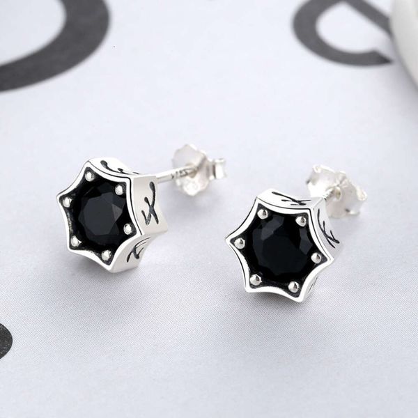 S925 Silver Earts Style japonais coréen personnalisé thaï argent noir Diamond Diamond Hexagon Star Start ACCESSOIRES MASSION
