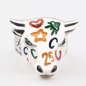 S925 zilveren god koe ring nieuwe retro sterling zilveren kleurrijke god koe brede versie ring mannen en vrouwen hiphop koe hoofdring