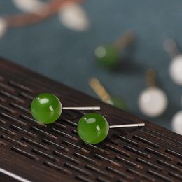 Boucles d'oreilles en argent plaqué or S925, incrustation de perles rondes en jade Hetian, rétro minimaliste, discrètes, pour femmes