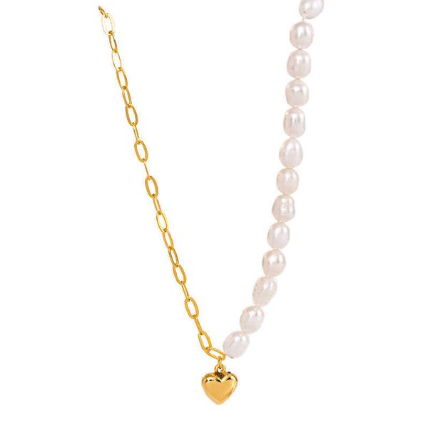 S925 Collier asymétrique de perle d'eau douce naturelle en argent pour la chaîne de cols en forme de coeur de style cool aux femmes