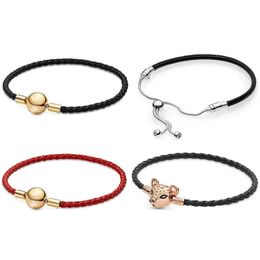 S925 Silver Rose Gold Leopard Head Charm Bracelet Leather geweven DIY Fit Pandora sieradencadeau