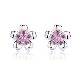 S925 Silver Sterling Silver Cherry Blossom Stud -oorbellen Classic Design Fashion Women Shiny Crystal Oorrings