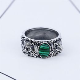 S925 Silver Tiger Head Ring Retro Sterling Silver incrusté malachite Double Tiger Head Ring Men and Women Trend Hip Hop Turquoise RI256X