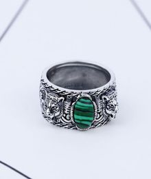 S925 Silver Tiger Head Ring Retro Sterling Silver incrusté malachite Double Tiger Head Ring Men and Women Trend Hip Hop Turquoise RI7493738