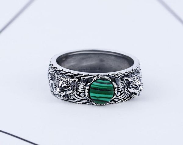 S925 Silver Tiger Head Ring Retro Sterling Silver incrusté malachite Double Tiger Head Ring Men and Women Trend Hip Hop Turquoise RI3000893