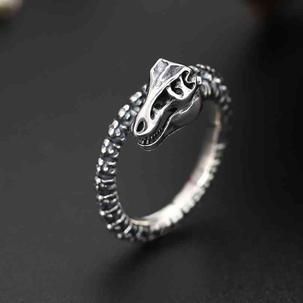 S925 Sterling Dinosaur Skeleton Open Hombres Mujeres Real Silver Creative Punk Personalidad Gran Anillo Redimensionable Joyería