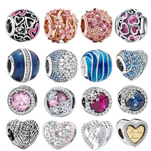 Perles en argent sterling S925 adaptées aux bracelets Pandora pour femmes, fabrication de bijoux, cœur d'amour, logo en diamant CZ, breloques de styliste avec boîte