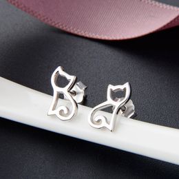 Boucles d'oreilles chat en argent sterling S925 pour femmes filles - Boucles d'oreilles creuses hypoallergéniques