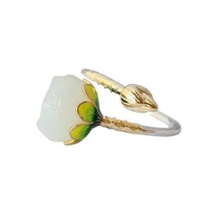 Anillo vintage de loto de jade hetiano con incrustaciones de mano cloisonné de plata esterlina S925305i