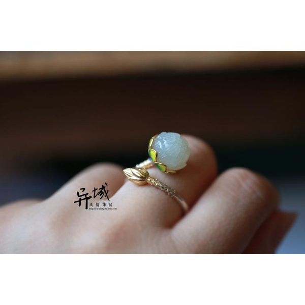 Anillo vintage de loto de jade hetiano con incrustaciones de cloisonné de plata de ley S925329b