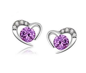 Boucles d'oreilles en argent sterling 925, bijoux tendance, en forme de cœur, avec cristal, simples, couleur violet et blanc, pour femmes et filles