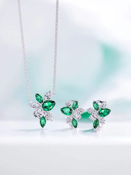 Pendientes de plata de ley S925, collar, juegos de joyas para mujer, colgante de hojas de cristal, pendiente de gota de agua de circón verde para boda