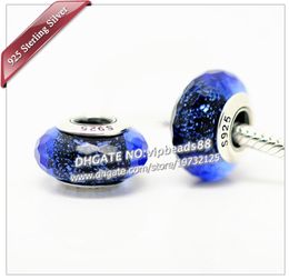S925 Joya de moda de plata esterlina Blue Starlight FACADED Glass Beads Fit European Diy Charm Pulseras Collar1820797