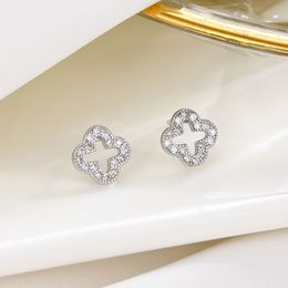 S925 Sterling Argent Creux Trèfle Designer Boucle D'oreille Goujons Anneaux Brillant Zircon Cristal Boucles D'oreilles Chanceux Boucles D'oreilles Pour Femmes Fille Bijoux Cadeau