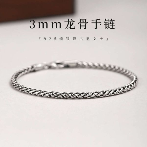 S925 Bracelet de quille en argent sterling 3 mm 3 mm pâte frite torsades pour hommes