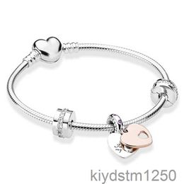 S925 Sterling Argent Luxe Bracelet Ensemble Perlé Rose Girly Coeur Fit Original Pendentif Bijoux De Mode Bricolage Femmes Cadeau avec Boîte 16-21 cm 7bp9