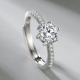 Anillo ajustable abierto de moissanita de seis puntas chapado en platino de plata de ley S925, microconjunto, regalo de novia con múltiples diamantes