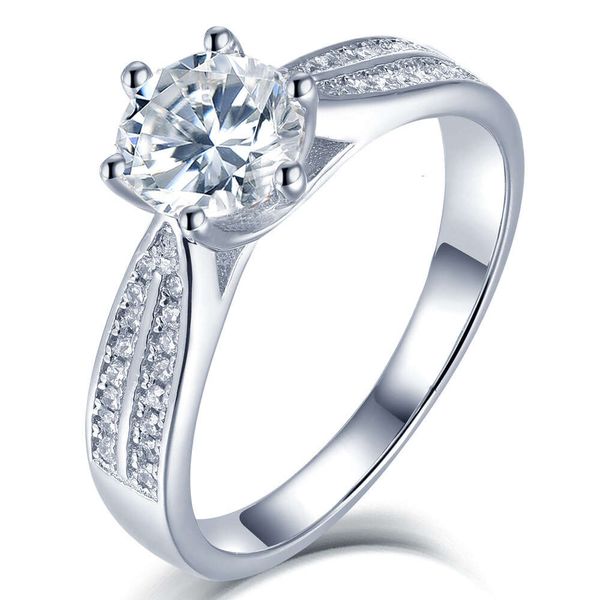 Anillo de plata de ley S925 Anillo de diamantes de seis garras Estilo de anillo europeo y americano Starlight Queen Anillo de piedra Mosang para mujer 1 Ct