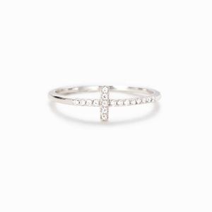 S925 Sterling Silver Single Row Fine Diamond Cross Ring Women's Fashion Network Red Versatile Index Finger