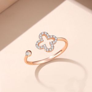 S925 Sterling Zilver Sweet Hollow Clover Designer Ringen voor Vrouwen Meisjes Liefde Mooie Luxe Rose Goud Elegante Kristallen cz Zirkoon Diamanten Ring Sieraden
