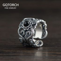 S925 STERLING Silver vintage thai incrusté Black Agate Ring Men and Women Hollow Pattern Wide Couple Rings 240401