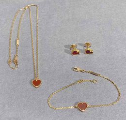 S925 Top quality Charm heart shape stud earring with red agate pendant necklace bracelet have stamp box PS7077A