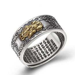 S990 Sterling Silver National Style Sixcharacter Mantra U Open Ring Man Woman paar Solid retro jewelly 240401