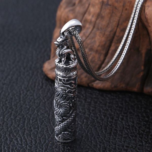 S990 Plata de ley Vintage Memorial Plata tailandesa antigua Botella Joyería Diseño de dragón Punk Mens Colgante Titular Ash Urn Necklace329W