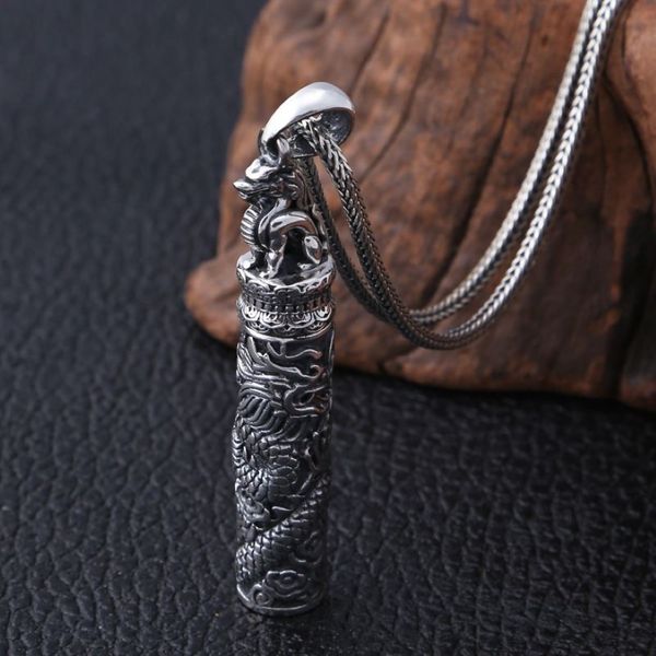 S990 Plata de ley Vintage Memorial Plata tailandesa antigua Botella Joyería Diseño de dragón Punk Mens Colgante Titular Ash Urn Necklace263g