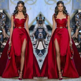 Saab Red Split Evening Side Prom lieverd Elie -jurken met afneembare trein Aangepaste satijnen formele jurken