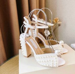 Élégant Sacaria Platform Sandals Chaussures All-Over Pearl Embellissement Femmes Sacora Élégant Robe de mariée Bridal Pumps Luxury Marques Lady High Heels