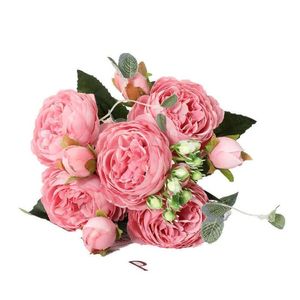 Sachet Sacs 1 Bouquet Grosse Tête Et 4 Bourgeons Faux Fleurs Pour La Décoration De Mariage À La Maison Rose Rose Soie Pivoine Artificielle Y0630 Drop Deliver Dhbvv