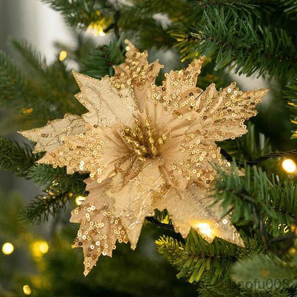 Sachet Bags Handcraft Glitter Grandes Flores Artificiales Decoración de Navidad Poinsettia Flores Falsas Para DIY Navidad Boda Año Nuevo Decoración Del Hogar R230605