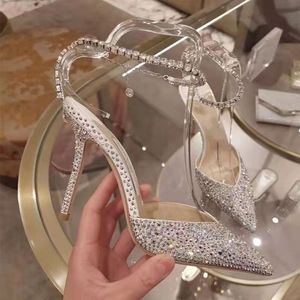 Saeda Y-forme strass chaîne chaussures habillées stilettos robes de mariée femmes boucle sandales stiletto bout pointu sandales cheville brillant diamant-chaîne à talons hauts 36-41