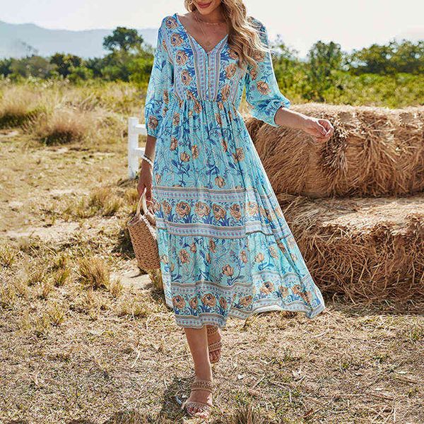 Safari Dream Bohemian Midi Dress / Blush Floral Impress Dresses de fallas | Boho Chase The Sun Dresses for Women -3/4 mangas G220510