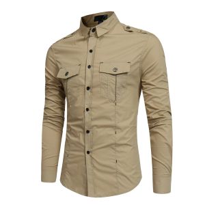 Camisa de Safari con 2 bolsillos abatibles, solapa pequeña caqui con charretera, manga larga, 100% de algodón, ropa de invierno para tiro