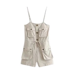 Safari Style Spaghetti Strap Jumpsuit Femmes Bouton Ouvert Laçage Arc Taille Pantalon Court Barboteuse Coton Lin Combishorts 210531