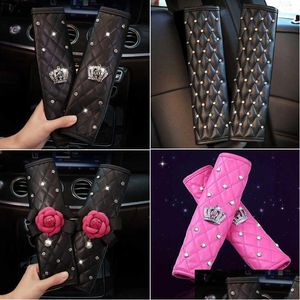 Safety Belts Accessories 2Pcs Fashion Rhinestone Leather Car Sefety Seat Belt Er Crystal Crown Shoder Pad Styling Interior Drop De Dhvh1